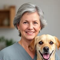 Happy pet owner with cat at Caring Paws Veterinary Clinic