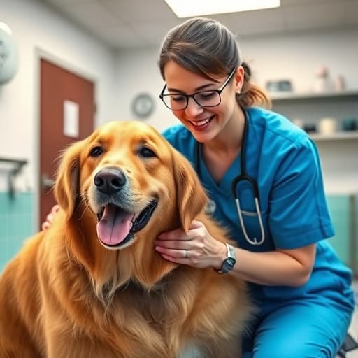 Caring veterinarian examining a friendly dog