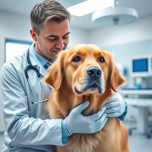 Emergency veterinarian treating dog at Caring Paws Veterinary Clinic
