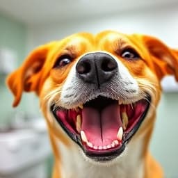 Happy dog showing healthy teeth after dental cleaning at Caring Paws Veterinary Clinic