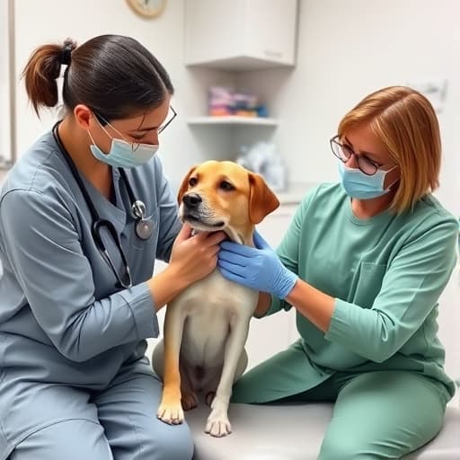 Veterinarian administering vaccination to a dog at Caring Paws