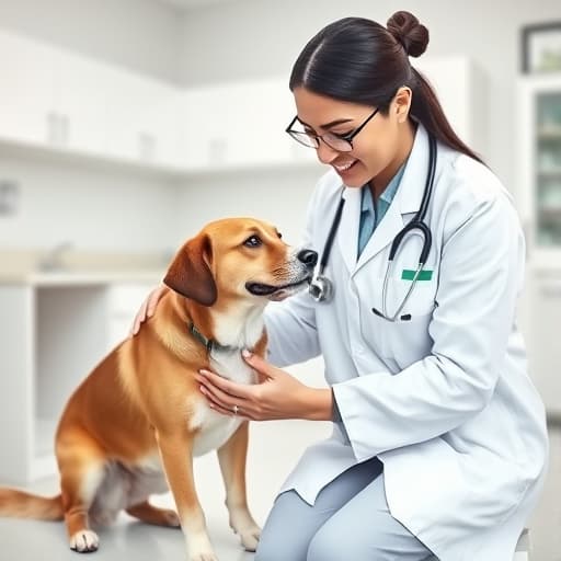 Caring veterinarian examining dog in Brentwood clinic