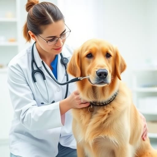 Caring veterinarian performing wellness exam on dog