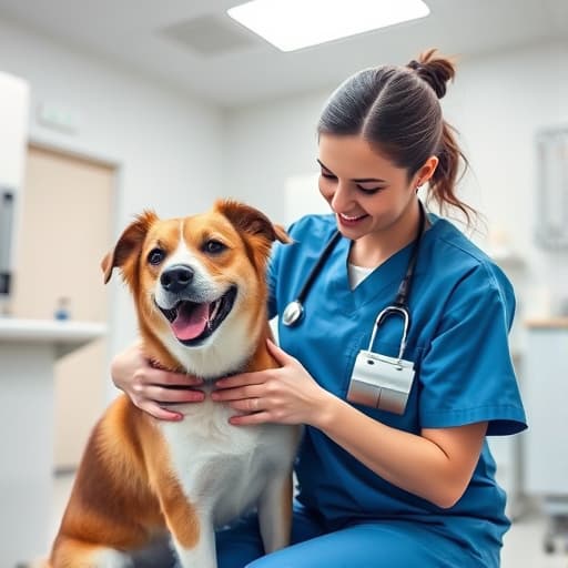 Caring veterinarian examining a dog at Caring Paws Veterinary Clinic