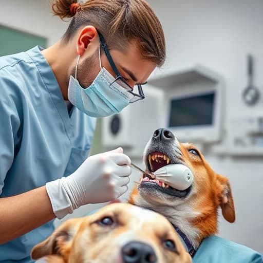 Veterinarian performing dental cleaning on a dog